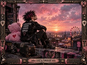 A pink-haired punk figure sits beside a worn teddy bear on a graffiti-streaked rooftop, overlooking a glowing city and carnival at sunset. Warm rose and orange light softens the gritty black clothing, chains, studs, and distressed frame, creating a tender, rebellious mood with cinematic realism and hopeful urban symbolism.