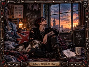 A brooding punk musician sits with a scruffy dog in a cluttered London bedroom studio, surrounded by guitars, records, posters, graffiti, and worn furnishings. Warm sunset light contrasts with deep blacks and crimson accents, creating a rebellious yet reflective mood. The detailed cinematic style blends youthful chaos, loneliness, tenderness, and defiant urban energy.