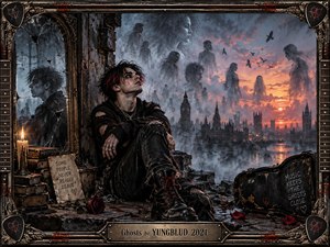 A brooding punk figure sits among ruined stone, candles, books, roses, and a battered guitar case while translucent human forms drift through smoky twilight above a gothic riverside city. Warm sunset orange clashes with cold blue-gray mist, creating a haunted cinematic atmosphere framed by ornate metalwork, fretboards, red stitching, and heart symbols.
