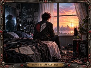 A punk-styled young figure sits on an unmade bed, facing a glowing city sunrise through a large window. Warm orange light contrasts with the dark bedroom, distressed black clothing, guitar, cat, posters, and hopeful handwritten messages. An ornate metal frame with hearts, skulls, and a brass title plate completes the cinematic scene.