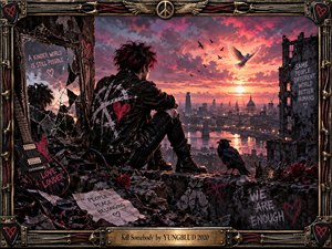 A punk figure sits among shattered concrete above a glowing city river at sunset, surrounded by a battered guitar, broken mirror, roses, raven, crown, and hopeful graffiti. Fiery pink and orange skies contrast with dark ruins, creating a rebellious, wounded, yet hopeful cinematic atmosphere framed by distressed metalwork.