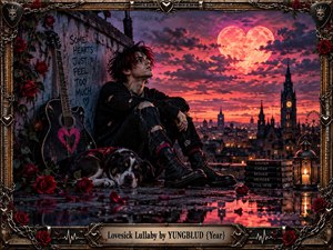 A brooding punk figure sits on a rain-slick rooftop beside a battered guitar and sleeping dog, framed by roses, chains, and gothic metalwork. A glowing heart-shaped moon burns above the distant city while crimson clouds, reflections, lantern light, and worn textures create a romantic, rebellious, melancholic cinematic atmosphere.