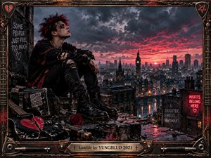 A brooding punk figure sits above a rain-slick city at crimson dusk, surrounded by battered guitars, chains, graffiti, and glowing signs. Storm clouds, neon reflections, torn clothing, and distressed metal create a rebellious, isolated mood. The cinematic digital artwork blends urban decay, vulnerability, defiance, and dramatic red-black lighting.