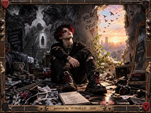 A defiant young punk sits in a shattered bedroom where dark family conflict gives way to a glowing sunrise cityscape. Torn walls, scattered records, guitars, books, flowers, and handwritten messages create a raw atmosphere of rebellion and healing. Dramatic contrast, gritty detail, and cinematic digital realism intensify the emotional tension.