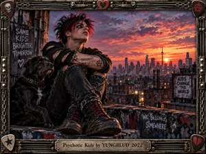 A rebellious young punk sits beside a black dog on a graffiti-covered rooftop overlooking a glowing city at sunset. Fiery orange and crimson clouds contrast with dark clothing, metal chains, and distressed architecture. Cinematic photographic realism, dramatic lighting, defiant posture, protest markings, and an industrial frame create an intense outsider atmosphere.