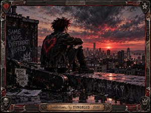 A solitary punk figure sits on a rain-dark rooftop above a glowing city, framed by turbulent crimson storm clouds and fading sunset. Torn clothing, graffiti, scattered papers, and a battered guitar case deepen the restless mood. Gritty cinematic realism, reflective puddles, distressed metalwork, and rebellious symbols create raw emotional tension.