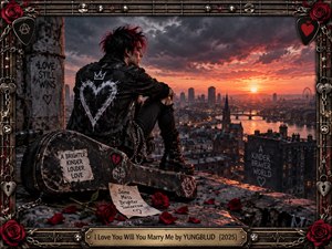 A solitary punk figure sits on a weathered rooftop above a glowing city at sunset, surrounded by roses, chains, graffiti, and a battered guitar case. Fiery orange light cuts through storm clouds, balancing romance with rebellion. The ornate metal frame and engraved plaque give the scene a dramatic gothic album-art character.