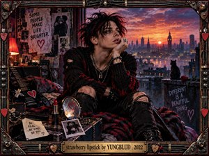 A punk-styled young man sits beside an open window overlooking London at sunset, surrounded by guitars, lipstick, photographs, handwritten notes, roses, and a watchful black cat. Warm orange light contrasts with deep reds and blacks, creating a rebellious, romantic, introspective mood within a gritty cinematic digital painting.