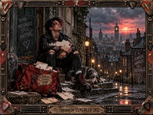 A rebellious young figure sits on rain-darkened stone steps clutching scattered letters beside a weary dog and battered red mailbag. A glowing city stretches downhill beneath storm clouds and a fiery sunset. Gritty cinematic realism, distressed architecture, wet reflections, punk details, and symbolic messages create longing, isolation, hope, and restless urban melancholy.