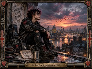 A brooding punk figure sits on a rain-soaked rooftop above London, surrounded by records, a battered guitar case, graffiti, and reflective puddles. Fiery sunset light breaks through storm clouds, contrasting warm orange highlights with dark industrial tones. The cinematic digital artwork blends rebellion, isolation, youthful defiance, and urban melancholy.