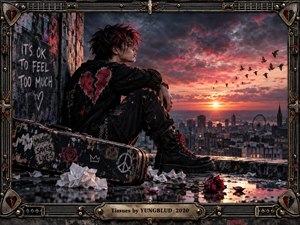 A punk figure sits on a rain-slick rooftop above a glowing city at sunset, surrounded by scattered tissues, a red rose, and a battered guitar case. Stormy crimson clouds, distant birds, and gritty textures create a wounded yet defiant mood, framed by ornate dark metalwork and musical details.