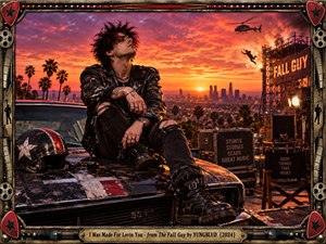 A rebellious rocker sits on a battered muscle car above a glowing city at sunset, surrounded by palm trees, stunt equipment, and fiery action imagery. Deep reds, oranges, and blacks create a cinematic, dangerous mood, while the ornate film-inspired frame, helmet, helicopter, and dramatic lighting evoke romance, rebellion, and Hollywood spectacle.