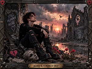 A brooding punk figure rests among shattered ruins beneath a fiery pink-orange sunset, surrounded by a broken guitar, cracked mask, red flowers, reflective puddles, and circling birds. Gothic architecture, graffiti, smoke, and metallic framing create a melancholic dystopian mood, rendered with cinematic realism, dramatic lighting, and gritty detail.
