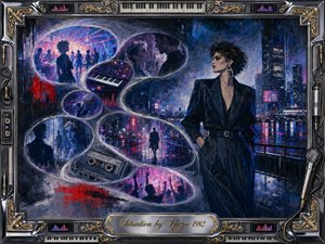 A stylish woman in black stands beside a rain-slicked neon cityscape, surrounded by flowing, bubble-like memories of dancing crowds, romance, keyboards, microphones, and cassette tapes. Deep blues, purples, pinks, and reds glow dramatically in an expressive painted style, framed by ornate chrome, gold filigree, musical hardware, and an engraved title plate.
