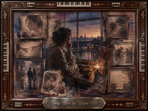 A solitary woman sits beside a rain-streaked window at dusk, surrounded by faded portraits, handwritten memories, roses, and nostalgic scenes of love. Warm amber lamplight contrasts with muted blues and mauves, creating a tender, wistful mood. Layered painterly textures, rosewood framing, musical details, and the engraved title plate evoke cherished memories slowly fading.