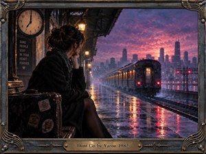 A solitary woman waits beside a weathered suitcase on a rain-soaked railway platform as a glowing train recedes toward a dramatic city skyline. Purple, crimson, and amber twilight reflects across wet pavement, creating a melancholy 1980s cinematic mood. Ornate metallic framing, musical motifs, warm lamps, and a vintage clock enrich the nostalgic composition.