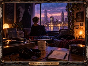 A solitary woman sits beside a rain-streaked window overlooking a glowing city at dusk, surrounded by records, synthesizer, turntable, headphones, notebook, and sleeping cat. Warm amber lamps contrast with violet-blue skies, creating reflective nostalgia. Detailed cinematic realism and an ornate music-themed frame evoke intimate memories and hopeful melancholy.