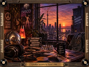 A nostalgic loft overlooks a glowing city sunset, blending disco-era memories with an uncertain future. Vinyl records, headphones, cassettes, a lava lamp, mirrored ball, posters, and worn furnishings fill the warm foreground. Rich amber, violet, and crimson lighting creates a cinematic, reflective atmosphere framed by elaborate musical hardware.