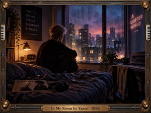 A solitary figure sits on a rumpled bed in a shadowy 1980s bedroom, gazing through rain-streaked windows toward a glowing city. Warm amber lamplight contrasts with cool blue twilight, creating an introspective, private mood. Records, headphones, synthesizer equipment, plants, and an ornate metallic frame reinforce the atmospheric retro realism.