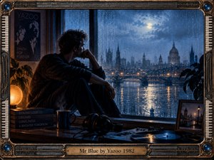 A solitary man sits beside a rain-streaked window overlooking a moonlit city and river, surrounded by records, headphones, and warm lamplight. Deep blues and amber highlights create a reflective, melancholy mood. Cinematic realism, vintage synthesizer imagery, ornate metallic framing, and shimmering reflections evoke intimate 1980s synth-pop nostalgia.