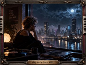 A solitary woman sits beside a rain-streaked window, gazing across a moonlit city and reflective river. Warm amber lamplight contrasts with cool blue night tones, creating a wistful, intimate mood. A turntable, records, and industrial synth-inspired frame reinforce the cinematic 1980s atmosphere of longing and quiet reflection.