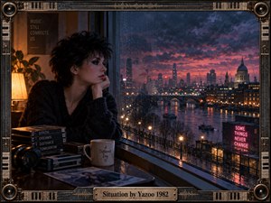 A solitary woman gazes through a rain-streaked window over a glowing London riverscape at dusk. Warm interior lamplight contrasts with deep blue clouds, crimson sunset, and shimmering city reflections. Cinematic photographic realism, vintage cassettes, headphones, neon signage, and an ornate industrial keyboard frame evoke melancholy 1980s synth-pop atmosphere.
