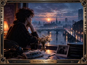 A pensive woman sits beside a rain-darkened window overlooking a glowing city river at sunset. Cool blues and charcoal shadows contrast with warm amber lamps and reflections. Headphones, a Yazoo cassette, flowers, photographs, and papers create nostalgic intimacy, enclosed by an ornate metallic keyboard-inspired frame and engraved title plate.