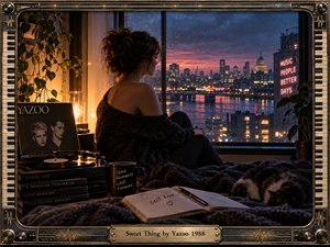 A solitary woman sits beside a rain-streaked window overlooking a glowing city at dusk, surrounded by a Yazoo record, turntable, journal, sleeping cat, and warm lamplight. Deep blues and amber tones create a reflective, bittersweet mood, while the ornate synthesizer-inspired frame reinforces the intimate 1980s atmosphere.