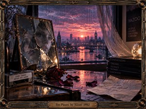 A shattered mirror reflects a pensive woman beside a rain-streaked window overlooking a glowing sunset city. Deep burgundy roses, scattered petals, cassette tapes, handwritten notes, and warm lamps create a melancholy 1980s atmosphere. Rich violet, amber, and crimson tones enhance the cinematic photographic style, framed with ornate musical detailing.