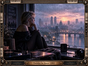A solitary woman sits beside a rain-streaked window overlooking a misty city and glowing river at dusk. Cool blue-gray shadows contrast with warm sunset reflections, creating a wistful, introspective mood. Records, turntable, headphones, and synth-inspired details reinforce the retro atmosphere, framed by intricate metallic musical ornamentation.