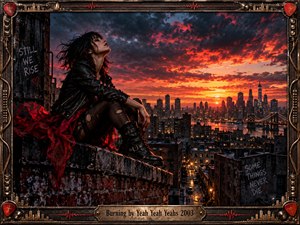 A lone punk-styled woman sits on a weathered rooftop above a glowing city, framed by a fiery red-orange sunset and turbulent clouds. Her black leather clothing contrasts with crimson fabric and warm skyline lights, creating a rebellious, reflective mood. Ornate metallic framing, guitar picks, waveforms, and graffiti enrich the cinematic digital artwork.