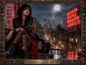 A rain-soaked punk figure sits on a rooftop overlooking a glowing city beneath a full moon. Red neon, wet pavement, roses, graffiti, and a battered guitar case create a rebellious, heartbroken mood. Dramatic nocturnal lighting and gritty photographic detail are enclosed by an ornate metallic music-themed frame.