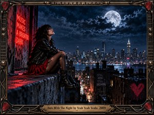 A lone woman in black leather and red lace sits on a gritty rooftop overlooking a luminous city beneath a dramatic full moon. Deep blues, crimson neon, wet reflections, and heavy clouds create restless nocturnal tension. An ornate guitar-inspired metal frame and engraved title plate reinforce the raw rock aesthetic.