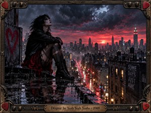 A solitary woman sits on a rain-soaked rooftop overlooking a glowing city beneath turbulent storm clouds and a crimson sunset. Black leather, torn fabric, wet reflections, and distant lights create brooding isolation. Dramatic photographic realism and an ornate guitar-inspired metallic frame intensify the melancholic, urban atmosphere.