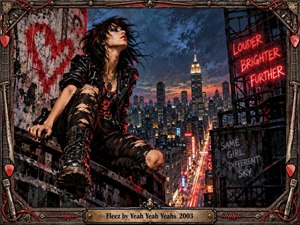 A defiant punk figure perches above a glowing city at dusk, surrounded by weathered steel, graffiti, neon signs, and streaming traffic. Deep blues, fiery reds, and warm lights create restless urban tension. Gritty painterly textures, dramatic perspective, and an instrument-inspired metal frame reinforce the rebellious rock atmosphere.