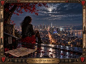 A solitary woman in a black leather jacket overlooks a rain-slick city beneath a clouded moon, surrounded by crimson leaves, reflections, and scattered maps. Warm urban lights contrast with the cool night sky, creating a cinematic, melancholic digital artwork framed by ornate guitar strings, map details, and brass ornamentation.