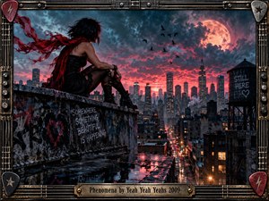 A lone woman in black sits on a rain-soaked rooftop overlooking a glowing city beneath turbulent blue clouds and a fiery moon. Her torn red scarf streams dramatically in the wind. Neon reflections, graffiti, birds, and industrial architecture create a rebellious nocturnal mood, enclosed by an ornate guitar-inspired metal frame.