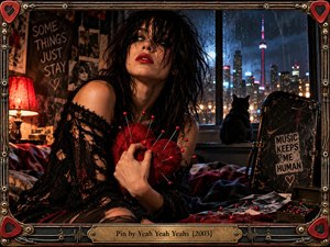 A dark-haired woman cradles a red heart pierced with pins in a rain-lit bedroom overlooking a neon city. Warm lamplight contrasts with cool blue night tones, creating romantic tension and punk melancholy. Distressed posters, a black cat, scattered photographs, and an ornate metallic frame reinforce the cinematic, rebellious atmosphere.