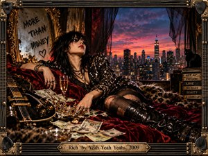 A glamorous woman reclines across crimson velvet in a decadent city loft, surrounded by scattered money, jewelry, champagne, and a black guitar. Glittering clothes and dramatic makeup amplify the rebellious mood. Warm gold highlights contrast with a vivid twilight skyline, while the ornate musical frame reinforces the gritty rock aesthetic.