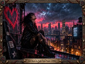 A dark-haired woman in black leather sits on a rain-soaked rooftop above a glowing city, absorbing the stormy night. Crimson clouds, blue-black skies, neon signs, wet reflections, graffiti, and distant towers create a restless cinematic mood, framed by weathered metal, guitar hardware, red wiring, and star-marked picks.