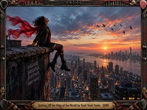A lone woman sits defiantly on a weathered rooftop ledge above a glowing city at sunset, her black clothing and crimson scarf whipped by the wind. Dramatic orange and blue clouds, circling birds, gritty graffiti, and an industrial guitar-inspired frame create a cinematic mood of rebellion, vulnerability, and liberation.