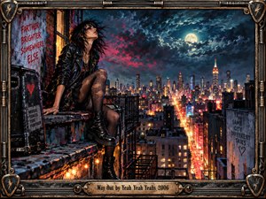 A punk-styled woman sits on a weathered rooftop fire escape overlooking a glowing city at night. Storm clouds, moonlight, neon streets, and vivid red and blue highlights create restless urban tension. Detailed digital painting, graffiti, worn architecture, guitar-inspired framing, and metallic ornamentation reinforce the rebellious rock atmosphere.