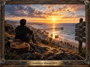 A solitary young man sits beside a weathered guitar on a rocky coastal overlook, watching a brilliant sunrise illuminate a beach town and long pier. Golden light breaks through dramatic clouds above calm blue water and soaring gulls. An ornate guitar-themed frame and rustic signpost reinforce the reflective, hopeful cinematic mood.