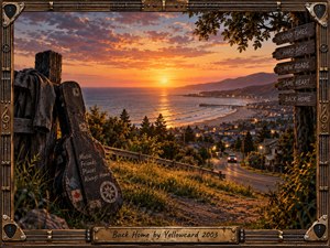 A weathered guitar case overlooks a glowing coastal town at sunset, where a winding road descends toward the ocean and distant pier. Warm amber light contrasts with blue water and dramatic clouds, creating a nostalgic, homeward mood. Rustic signposts and an instrument-inspired frame reinforce themes of memory, travel, and belonging.
