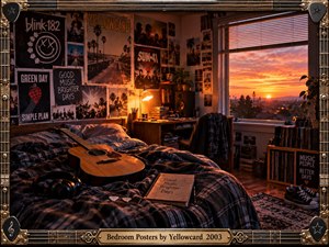 A warmly lit bedroom captures youthful music nostalgia, with an acoustic guitar resting across rumpled bedding beneath walls crowded with rock posters and photographs. Golden sunset light streams through blinds, bathing records, speakers, books, and personal keepsakes in amber tones. An ornate guitar-themed frame reinforces the intimate, reflective atmosphere.