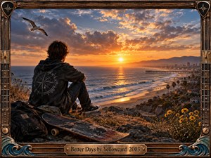 A solitary young figure sits on a rocky coastal bluff at sunset, overlooking a sweeping beach, pier, and distant city. Warm amber light breaks through dramatic clouds and reflects across the ocean. A weathered skateboard, backpack, wildflowers, soaring gull, and guitar-inspired wooden frame evoke nostalgia, resilience, and hopeful reflection.