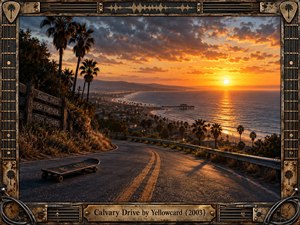 A winding coastal road descends toward a glowing ocean sunset, framed by palms, hillside homes, and a distant pier. A weathered skateboard rests on the asphalt, suggesting solitude and reflection. Warm amber light contrasts with stormy blue clouds, while the ornate guitar-inspired frame reinforces the nostalgic rock atmosphere.