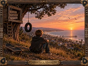 A solitary boy sits on a sunlit hillside overlooking a coastal town and glowing ocean sunset. A treehouse, tire swing, and skateboard evoke childhood memory and restless possibility. Warm amber light, distant birds, and painterly realism create a reflective, nostalgic mood, enclosed by an ornate music-inspired wooden and brass frame.