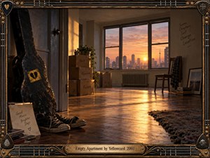 A nearly empty apartment glows in warm sunset light, its polished floor reflecting an orange city skyline. Moving boxes, a weathered guitar case, worn sneakers, scattered books, and a solitary chair suggest departure and memory. An ornate guitar-inspired metal frame reinforces the nostalgic, cinematic photographic style and bittersweet atmosphere.
