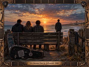 Three friends sit on a weathered seaside bench while a fourth stands apart, facing a glowing sunset over the ocean. Warm orange light cuts through stormy blue clouds, illuminating a guitar case, skateboard, wooden boardwalk, and distant pier. The cinematic photographic style conveys separation, memory, friendship, and bittersweet transition.